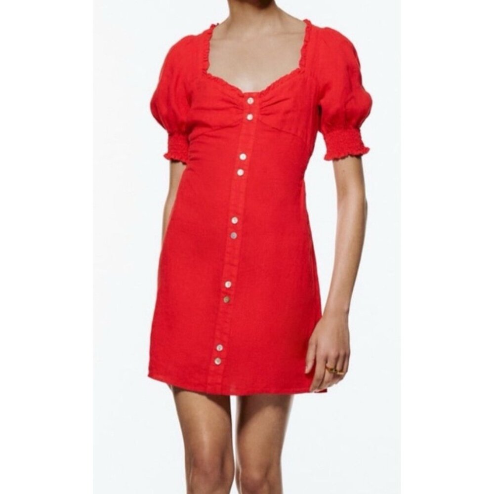 Zara Linen Red Mini Linen Puff Sleeve Dress Medium Button Stretch Waist Party